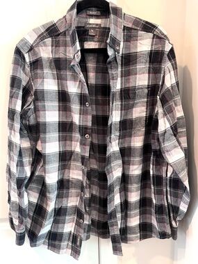 Eddie Bauer Men’s Black, Gray & White Plaid Button-Down Shirt